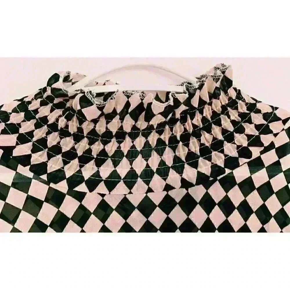 Shein Shirred High Neck Checked Shirt in Brown Check Design - Picture 3 of 7